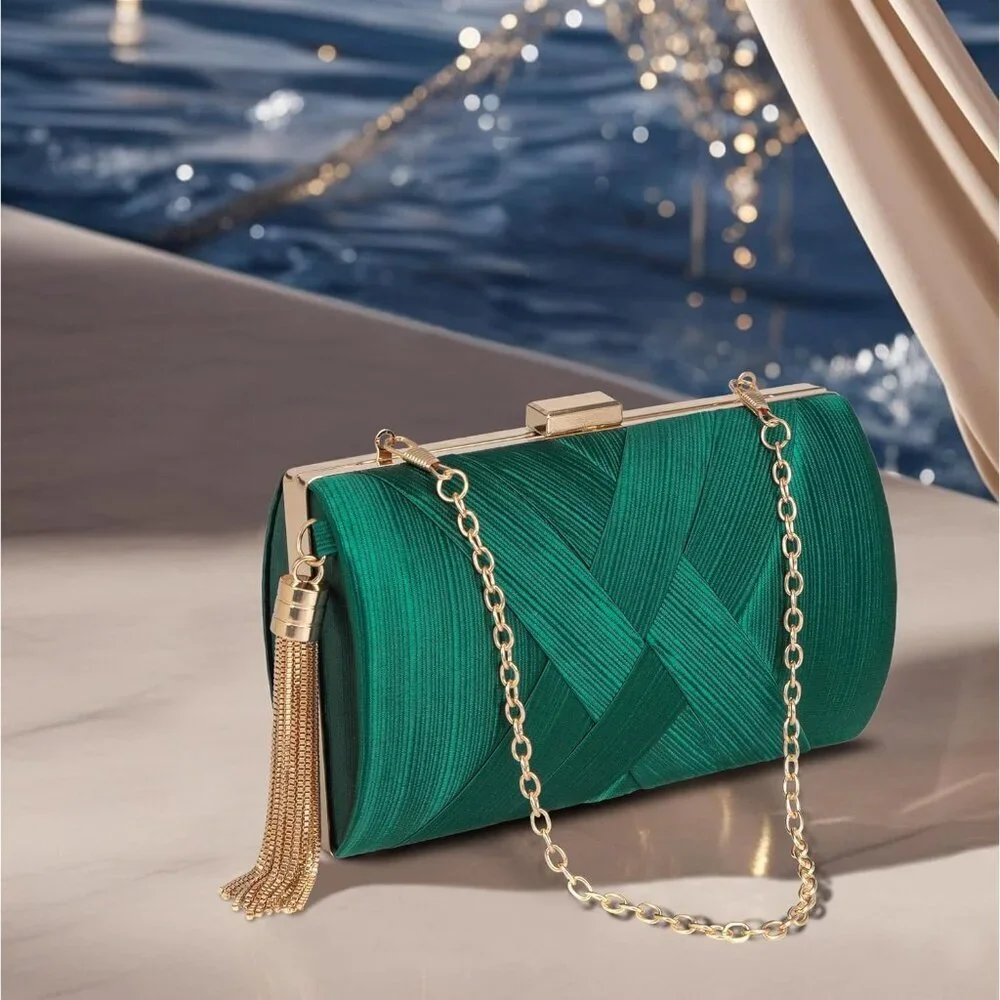 Women Clutch Purse Evening Formal Shoulder Crossbody Tassel Bag Green